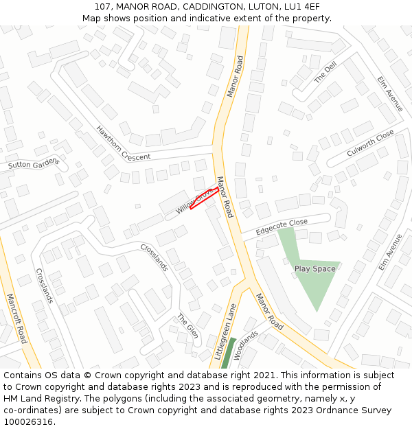 107, MANOR ROAD, CADDINGTON, LUTON, LU1 4EF: Location map and indicative extent of plot