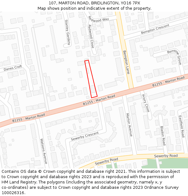 107, MARTON ROAD, BRIDLINGTON, YO16 7PX: Location map and indicative extent of plot