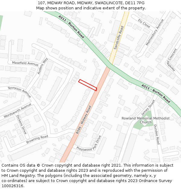 107, MIDWAY ROAD, MIDWAY, SWADLINCOTE, DE11 7PG: Location map and indicative extent of plot