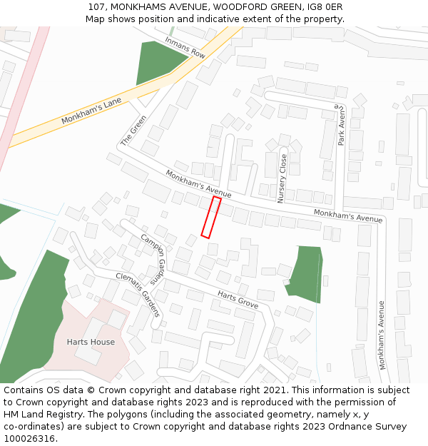 107, MONKHAMS AVENUE, WOODFORD GREEN, IG8 0ER: Location map and indicative extent of plot