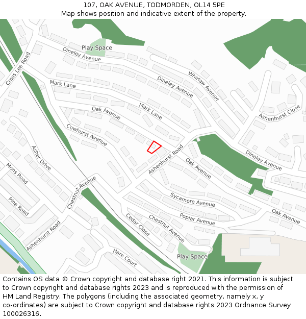 107, OAK AVENUE, TODMORDEN, OL14 5PE: Location map and indicative extent of plot