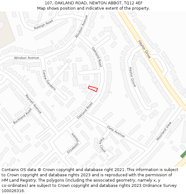 107, OAKLAND ROAD, NEWTON ABBOT, TQ12 4EF: Location map and indicative extent of plot