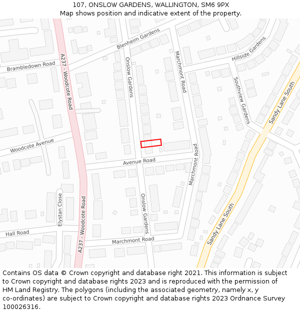 107, ONSLOW GARDENS, WALLINGTON, SM6 9PX: Location map and indicative extent of plot