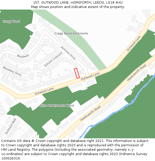 107, OUTWOOD LANE, HORSFORTH, LEEDS, LS18 4HU: Location map and indicative extent of plot