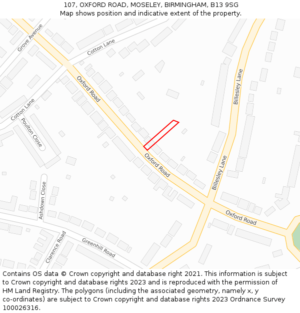 107, OXFORD ROAD, MOSELEY, BIRMINGHAM, B13 9SG: Location map and indicative extent of plot