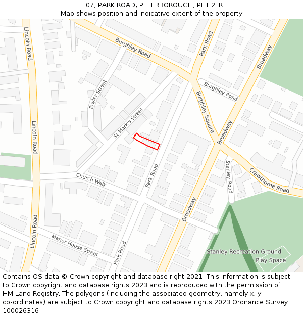 107, PARK ROAD, PETERBOROUGH, PE1 2TR: Location map and indicative extent of plot