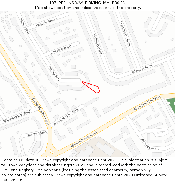 107, PEPLINS WAY, BIRMINGHAM, B30 3NJ: Location map and indicative extent of plot