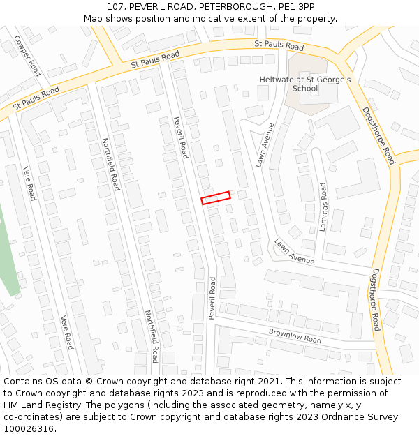 107, PEVERIL ROAD, PETERBOROUGH, PE1 3PP: Location map and indicative extent of plot