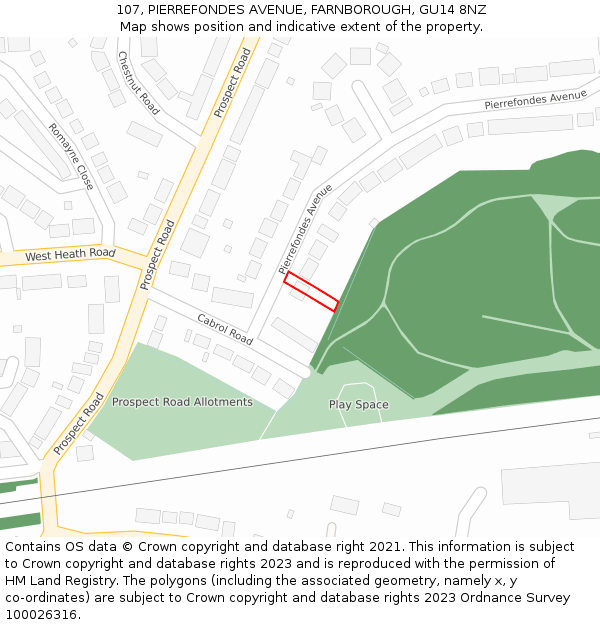 107, PIERREFONDES AVENUE, FARNBOROUGH, GU14 8NZ: Location map and indicative extent of plot