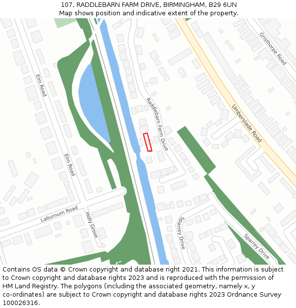 107, RADDLEBARN FARM DRIVE, BIRMINGHAM, B29 6UN: Location map and indicative extent of plot