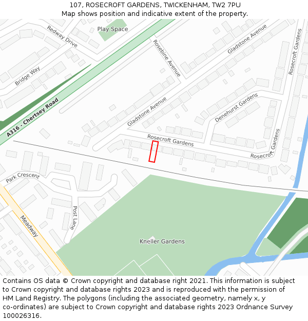 107, ROSECROFT GARDENS, TWICKENHAM, TW2 7PU: Location map and indicative extent of plot