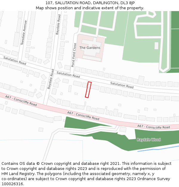 107, SALUTATION ROAD, DARLINGTON, DL3 8JP: Location map and indicative extent of plot