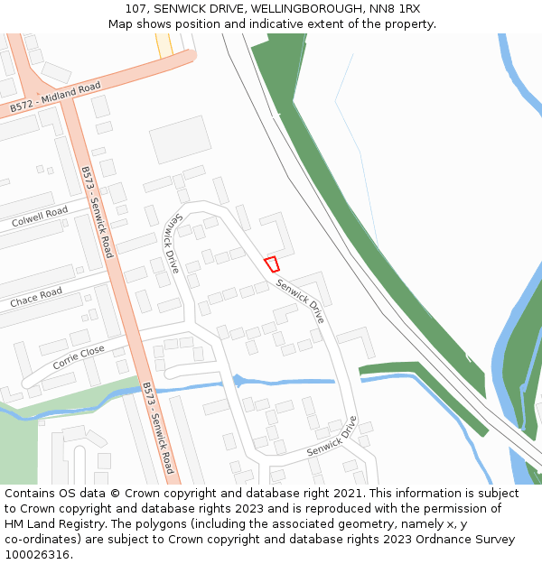 107, SENWICK DRIVE, WELLINGBOROUGH, NN8 1RX: Location map and indicative extent of plot