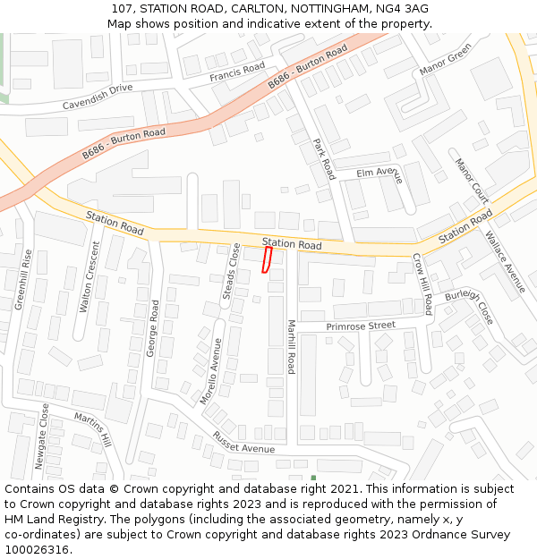 107, STATION ROAD, CARLTON, NOTTINGHAM, NG4 3AG: Location map and indicative extent of plot