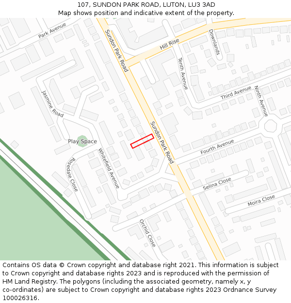 107, SUNDON PARK ROAD, LUTON, LU3 3AD: Location map and indicative extent of plot