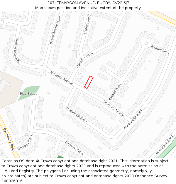 107, TENNYSON AVENUE, RUGBY, CV22 6JB: Location map and indicative extent of plot