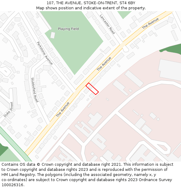 107, THE AVENUE, STOKE-ON-TRENT, ST4 6BY: Location map and indicative extent of plot