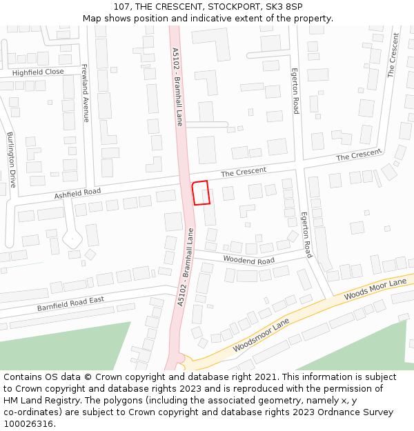 107, THE CRESCENT, STOCKPORT, SK3 8SP: Location map and indicative extent of plot