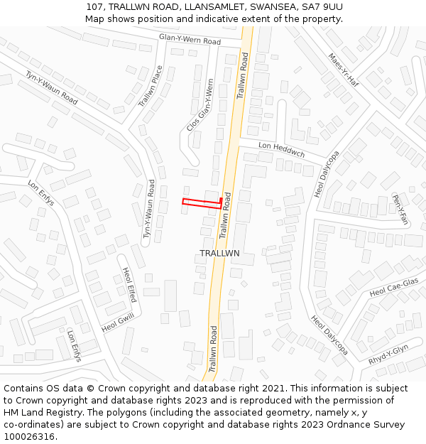 107, TRALLWN ROAD, LLANSAMLET, SWANSEA, SA7 9UU: Location map and indicative extent of plot