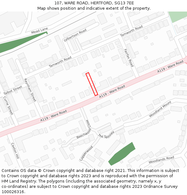 107, WARE ROAD, HERTFORD, SG13 7EE: Location map and indicative extent of plot