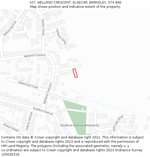 107, WELLAND CRESCENT, ELSECAR, BARNSLEY, S74 8AE: Location map and indicative extent of plot