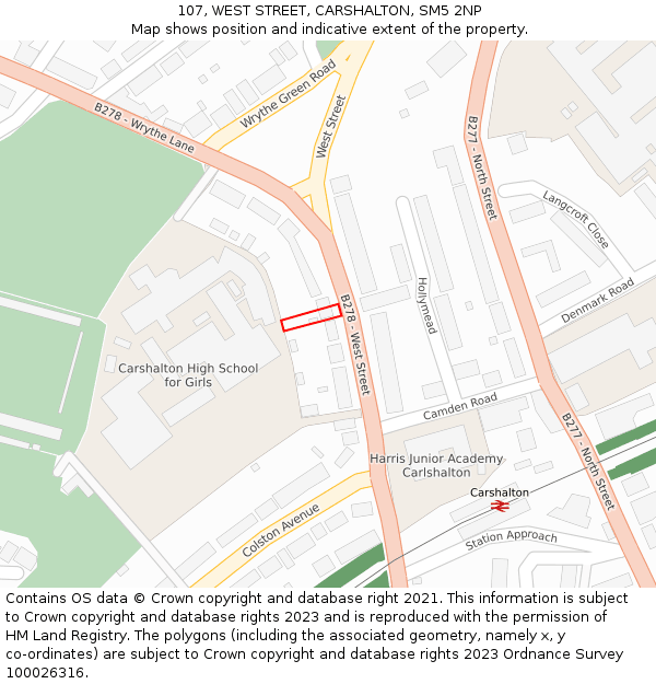 107, WEST STREET, CARSHALTON, SM5 2NP: Location map and indicative extent of plot