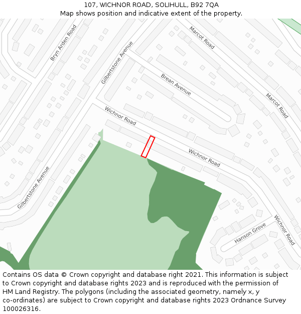 107, WICHNOR ROAD, SOLIHULL, B92 7QA: Location map and indicative extent of plot