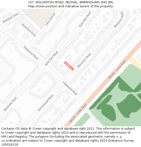 107, WOLVERTON ROAD, REDNAL, BIRMINGHAM, B45 8RL: Location map and indicative extent of plot