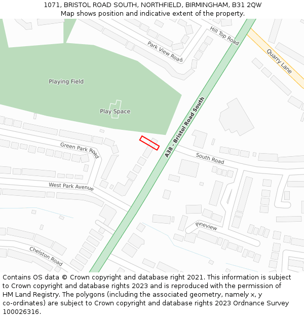 1071, BRISTOL ROAD SOUTH, NORTHFIELD, BIRMINGHAM, B31 2QW: Location map and indicative extent of plot