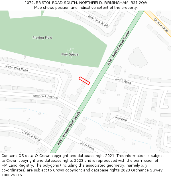 1079, BRISTOL ROAD SOUTH, NORTHFIELD, BIRMINGHAM, B31 2QW: Location map and indicative extent of plot