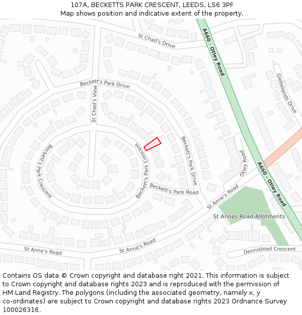 107A, BECKETTS PARK CRESCENT, LEEDS, LS6 3PF: Location map and indicative extent of plot