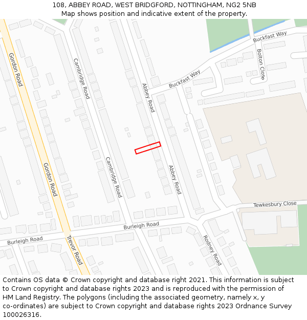 108, ABBEY ROAD, WEST BRIDGFORD, NOTTINGHAM, NG2 5NB: Location map and indicative extent of plot