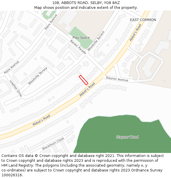 108, ABBOTS ROAD, SELBY, YO8 8AZ: Location map and indicative extent of plot