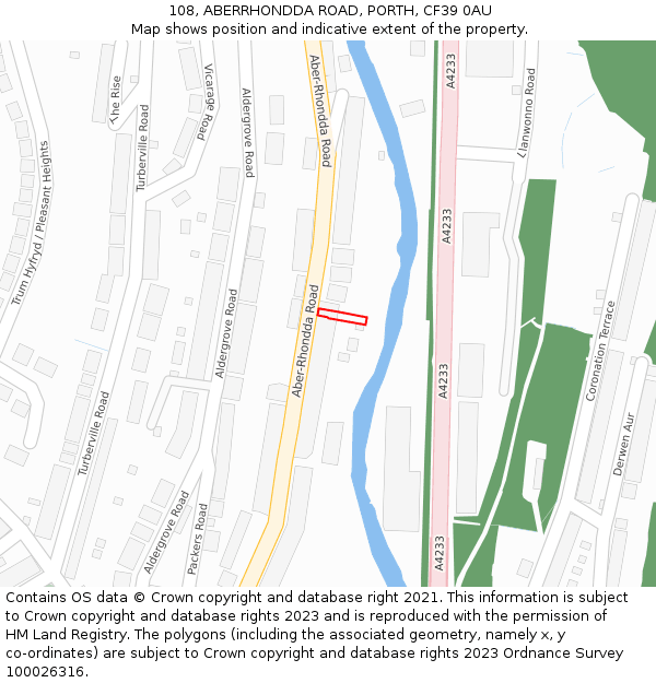 108, ABERRHONDDA ROAD, PORTH, CF39 0AU: Location map and indicative extent of plot