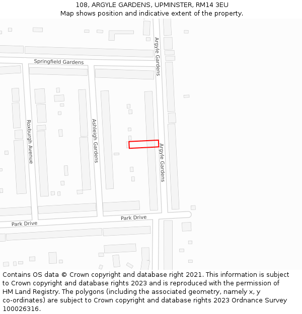 108, ARGYLE GARDENS, UPMINSTER, RM14 3EU: Location map and indicative extent of plot