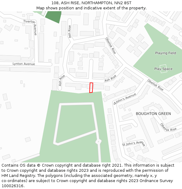 108, ASH RISE, NORTHAMPTON, NN2 8ST: Location map and indicative extent of plot