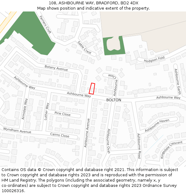 108, ASHBOURNE WAY, BRADFORD, BD2 4DX: Location map and indicative extent of plot