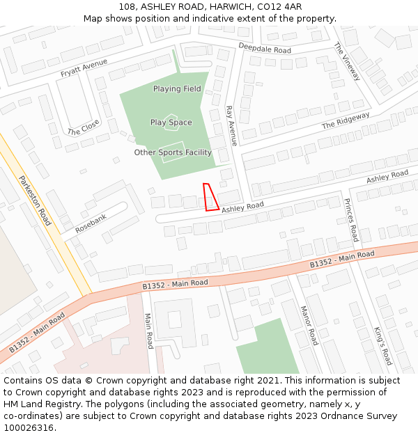 108, ASHLEY ROAD, HARWICH, CO12 4AR: Location map and indicative extent of plot