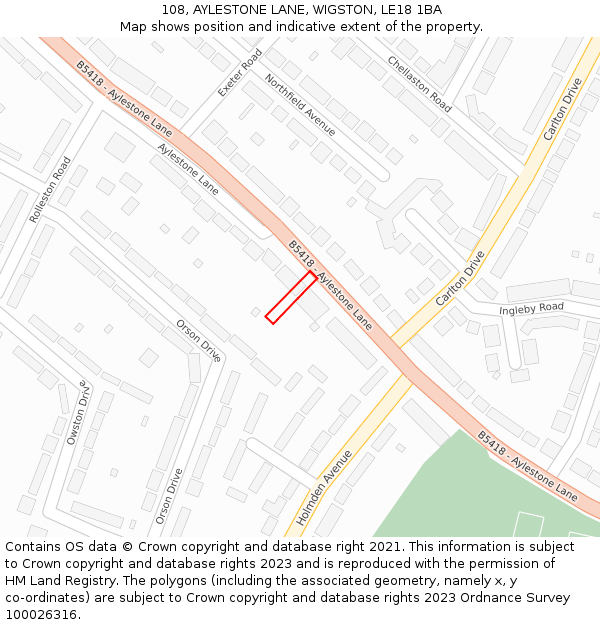 108, AYLESTONE LANE, WIGSTON, LE18 1BA: Location map and indicative extent of plot