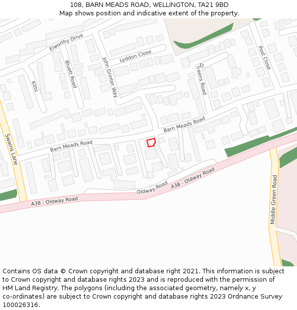 108, BARN MEADS ROAD, WELLINGTON, TA21 9BD: Location map and indicative extent of plot