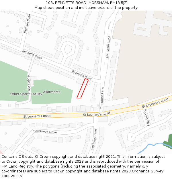 108, BENNETTS ROAD, HORSHAM, RH13 5JZ: Location map and indicative extent of plot