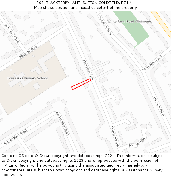 108, BLACKBERRY LANE, SUTTON COLDFIELD, B74 4JH: Location map and indicative extent of plot