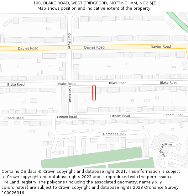 108, BLAKE ROAD, WEST BRIDGFORD, NOTTINGHAM, NG2 5JZ: Location map and indicative extent of plot