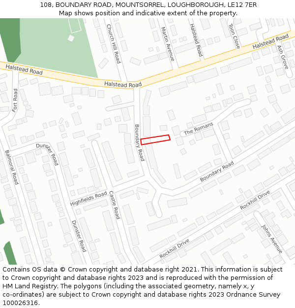 108, BOUNDARY ROAD, MOUNTSORREL, LOUGHBOROUGH, LE12 7ER: Location map and indicative extent of plot