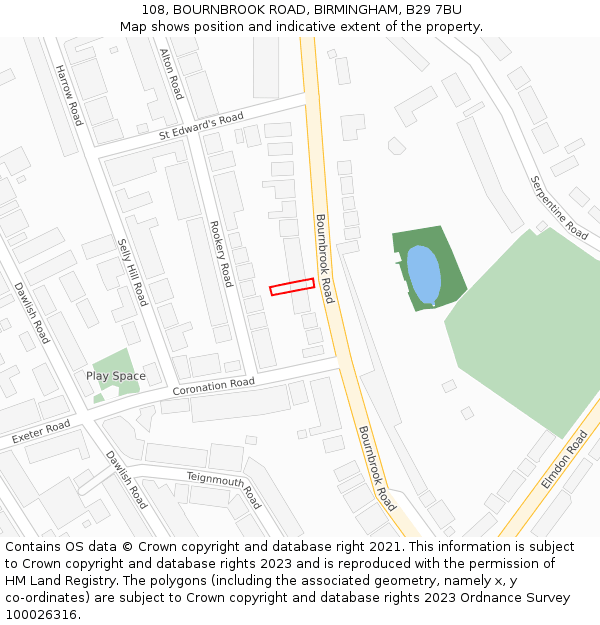 108, BOURNBROOK ROAD, BIRMINGHAM, B29 7BU: Location map and indicative extent of plot