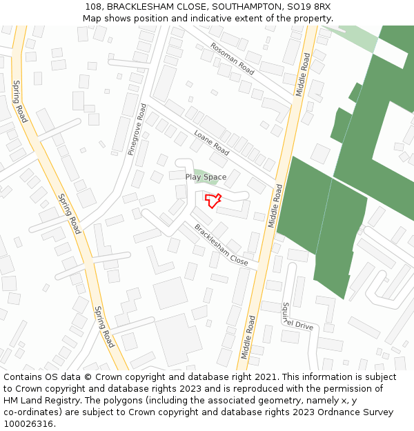 108, BRACKLESHAM CLOSE, SOUTHAMPTON, SO19 8RX: Location map and indicative extent of plot