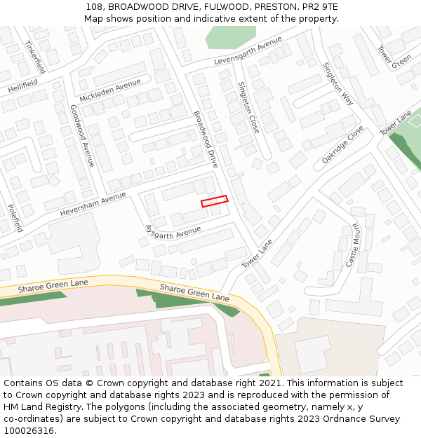 108, BROADWOOD DRIVE, FULWOOD, PRESTON, PR2 9TE: Location map and indicative extent of plot