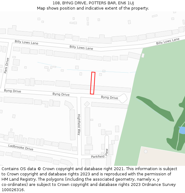 108, BYNG DRIVE, POTTERS BAR, EN6 1UJ: Location map and indicative extent of plot