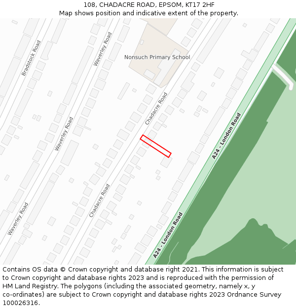 108, CHADACRE ROAD, EPSOM, KT17 2HF: Location map and indicative extent of plot