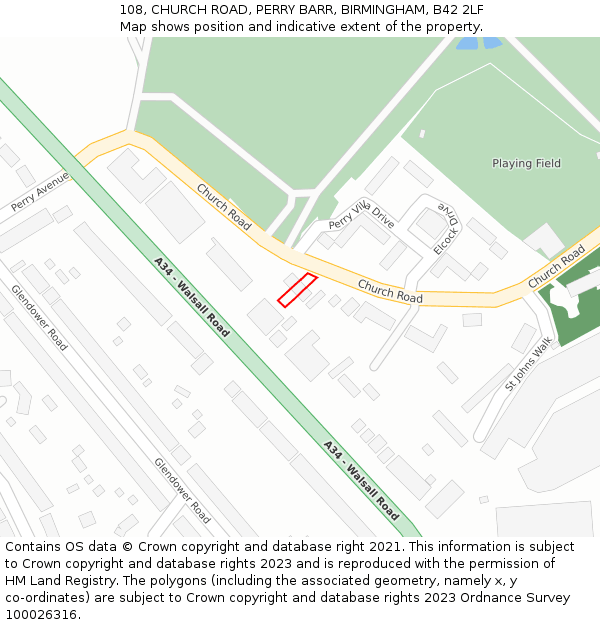 108, CHURCH ROAD, PERRY BARR, BIRMINGHAM, B42 2LF: Location map and indicative extent of plot